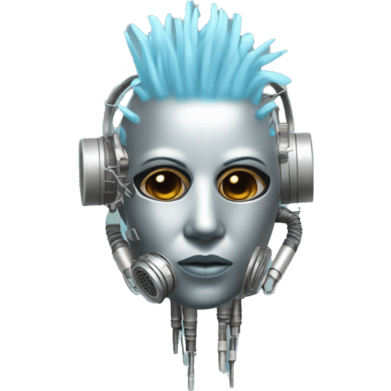 Light blue Mohawk female cyborg head with silver respirator mask and circuits emoji