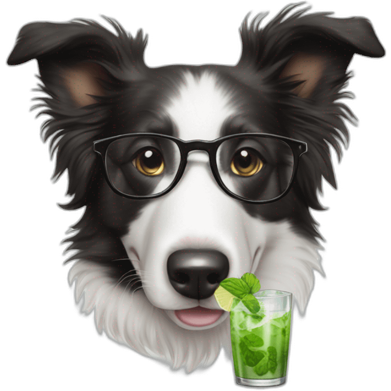 puppy border collie with glasses sniffing mojito emoji