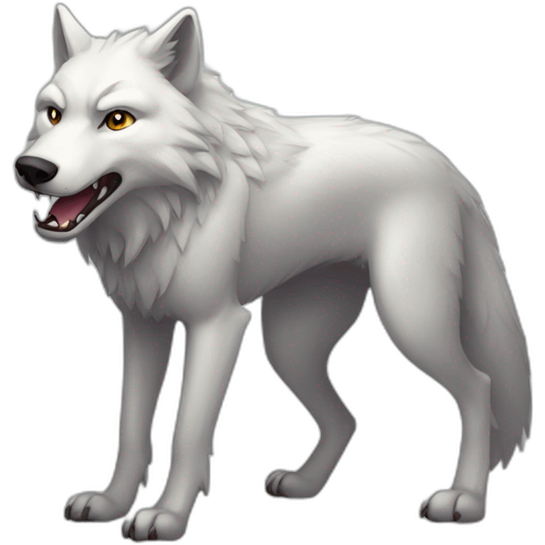 silvery-white, bipedal wolf with an elongated snout, gray "mask" marking on his face and sharp teeth emoji