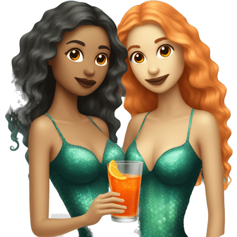 Three beautiful mermaids (light skin) drinking aperol emoji