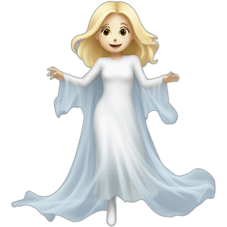 a blondie girl dressed as a ghost who is moving up the floor going to a party emoji