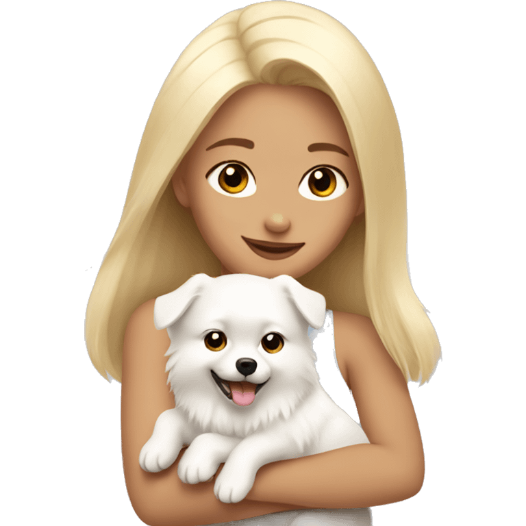 Blonde girl hugging white pomeranian emoji