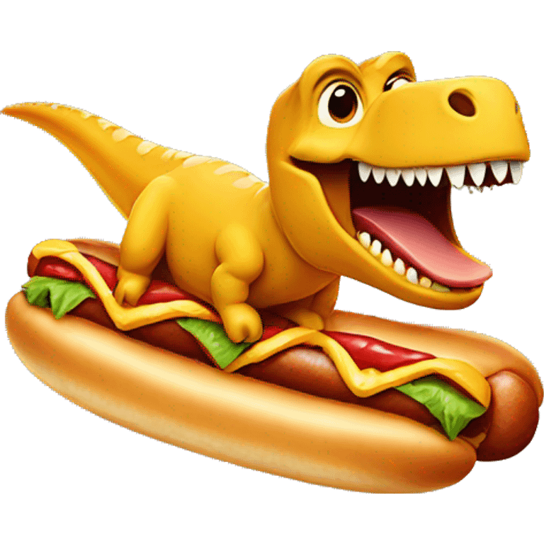 Dinosaur riding an hotdog emoji