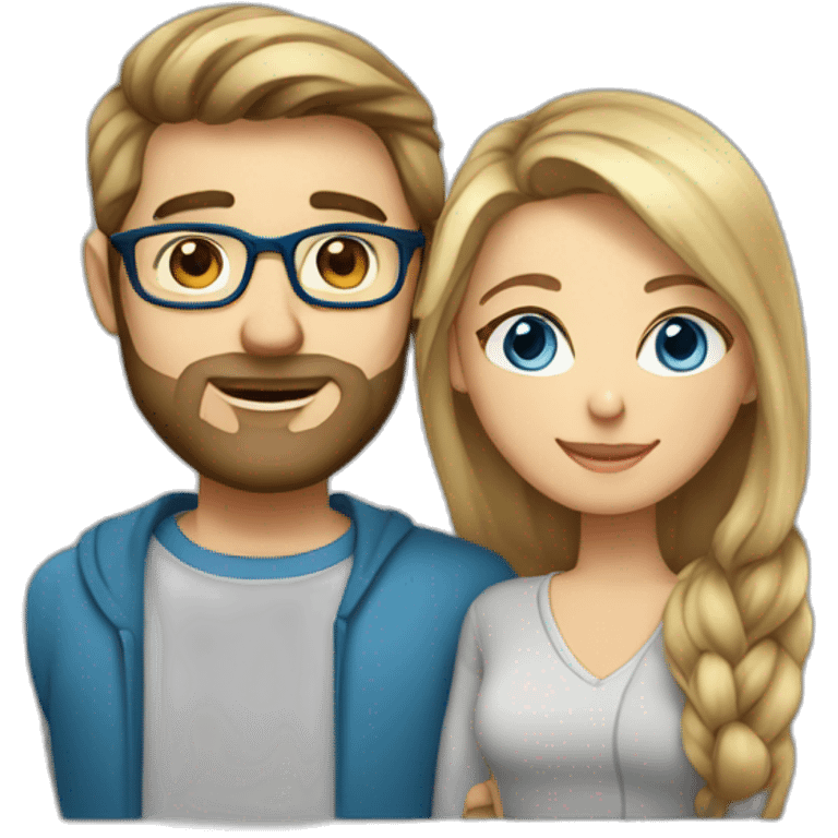 Couple in love. She has brown shoulder-length hair, blue eyes, wears glasses. He has short blond hair, three-day beard, wears glasses emoji