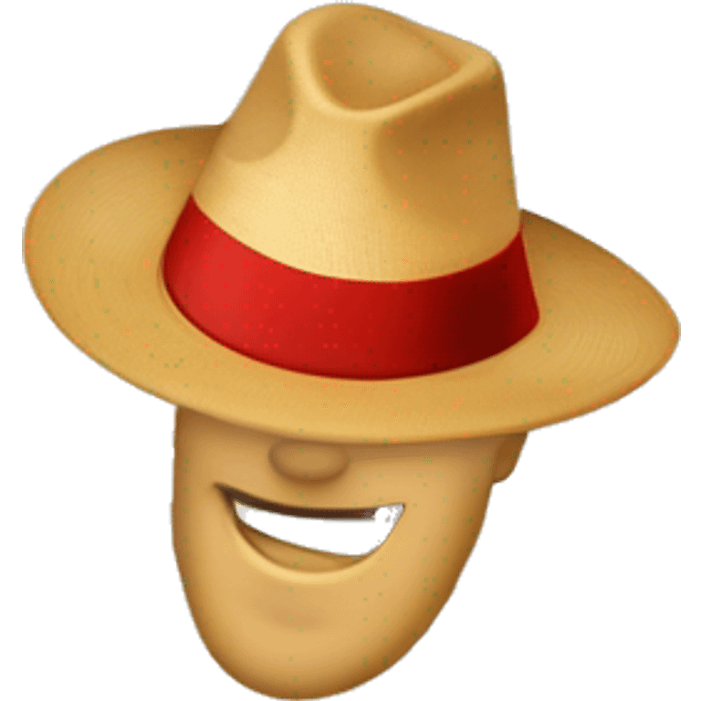 Un homme qu a la peau blanche des cheveux blonds un chapeau blanc avec  un contour rouge sur le haut il y a une pomme et une couronne des joux rouge  emoji