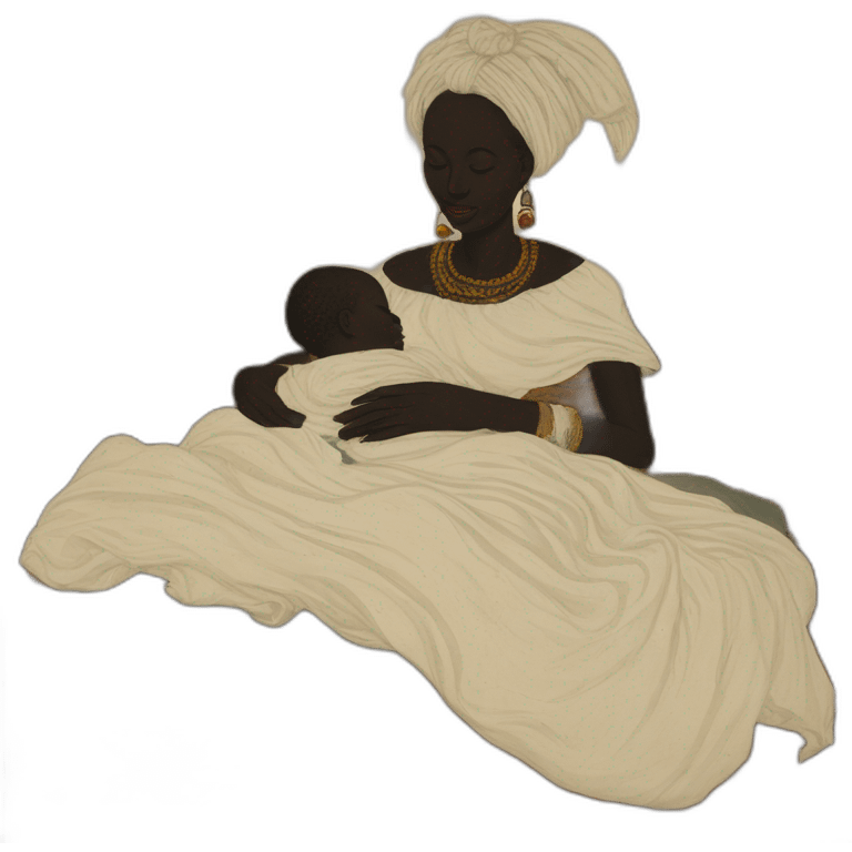 The tribal african woman sleeping in bed with a babies bab babies, 17th century, emoji