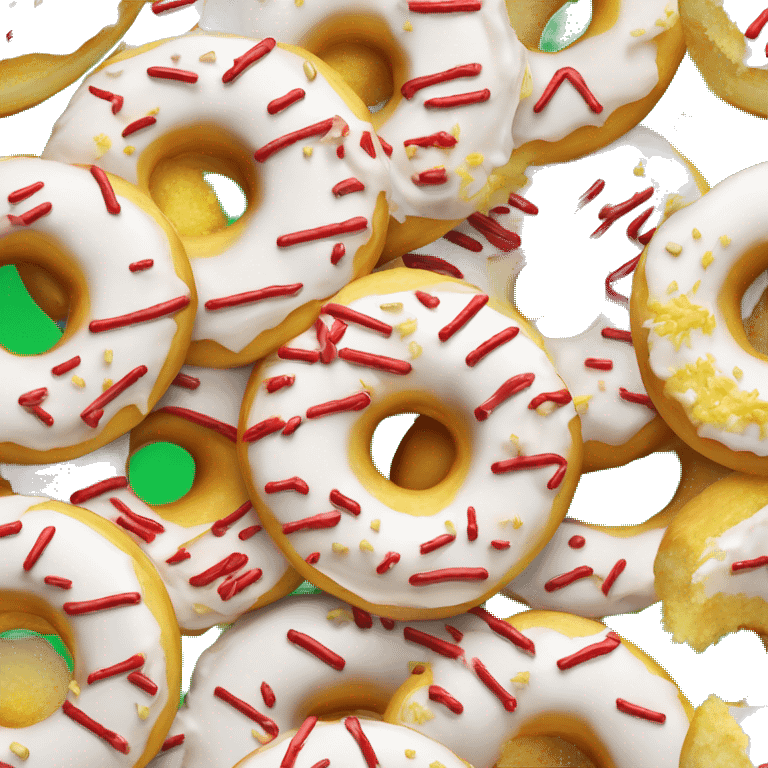 Realistic white frosted donut with red striped frosting and green sprinkles with a bite taken out showing yellow sponge cake emoji