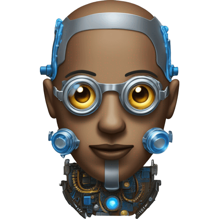 Brown shaved cyborg head with blue beard, silver steampunk monocle goggles and circuits emoji