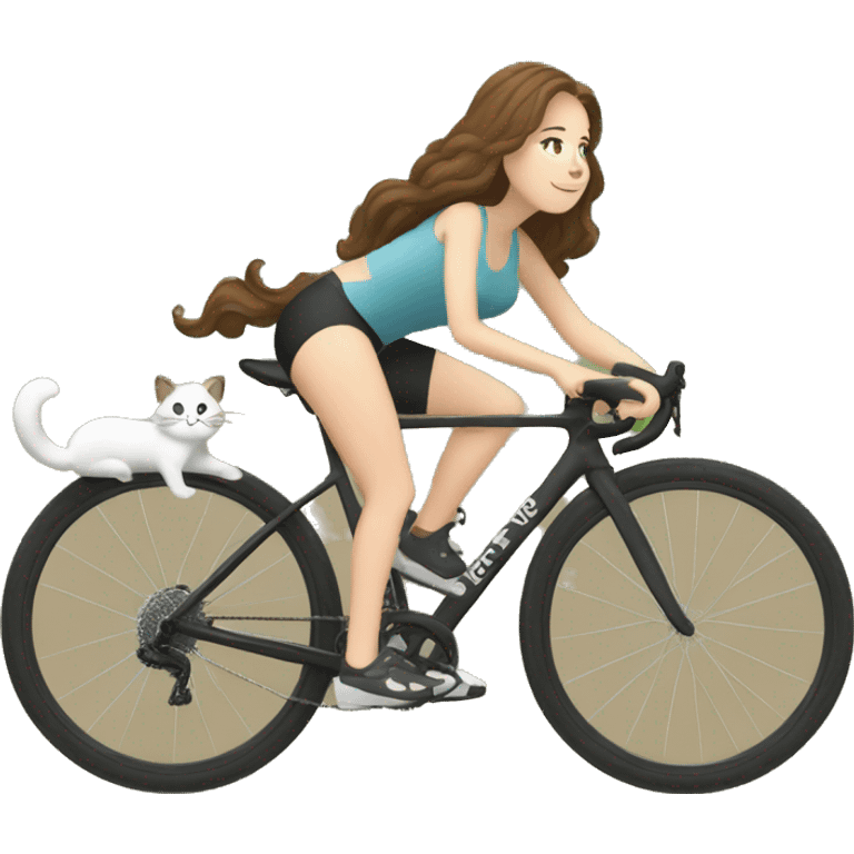 a brown hair white girl on her gravel bike with her black and white cat emoji