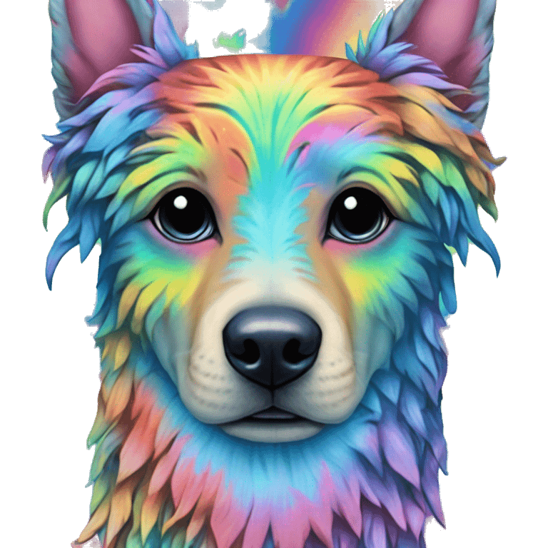 Multicolored rainbow retro groovy tie dye hippie trippy floral patterns on a metallic holographic iridescent blue dog face head unicorn emoji