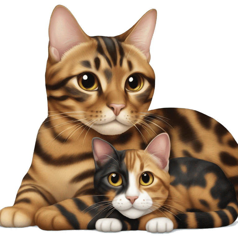 A tortoiseshell cat laying on top of a bengal cat in heart shape emoji