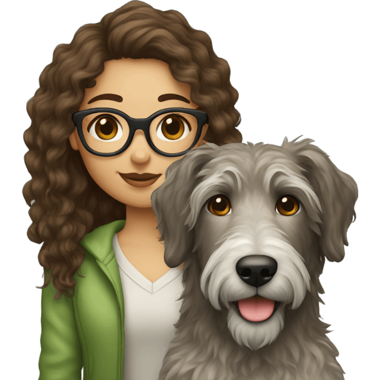 Brown curly hair girl with glasses and an Irish wolfhound dog emoji