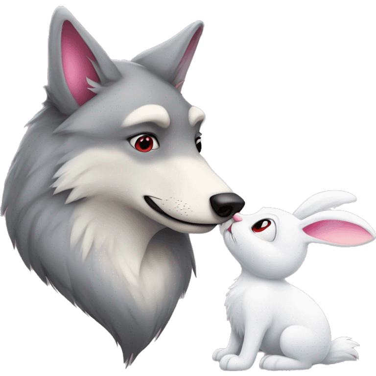 Old Wolf kisses a white Bunny who has pink ears, with big red heart between them emoji