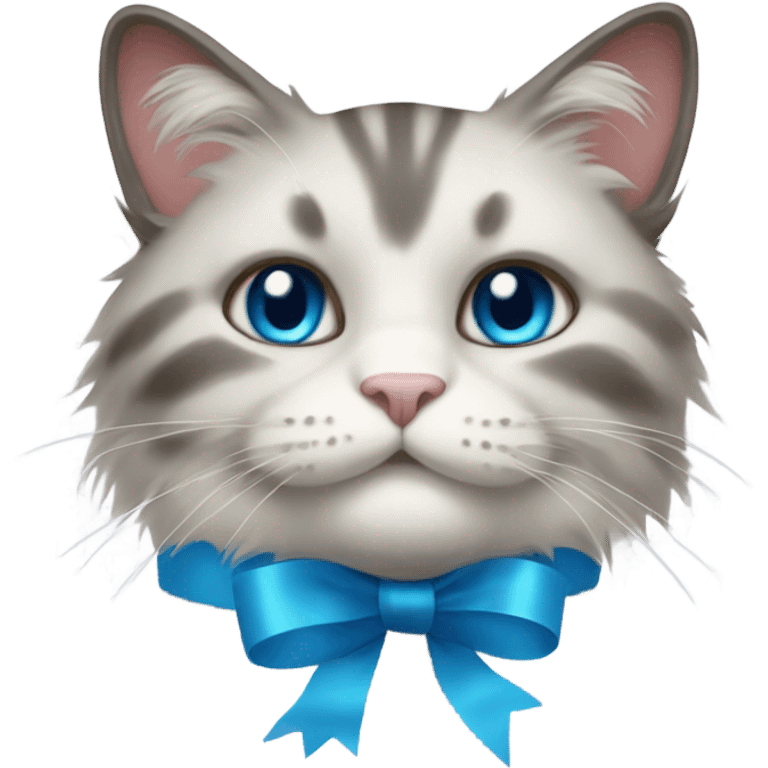 Thick fur cat with soft blue ribbon emoji