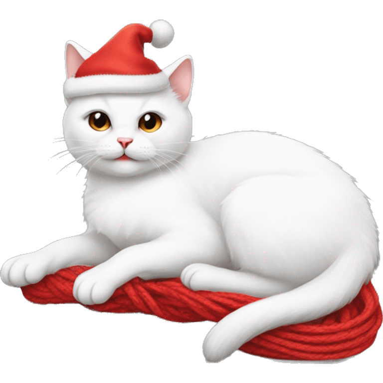 white cat on its back wearing a christmas hat playing with a ball of red yarn emoji