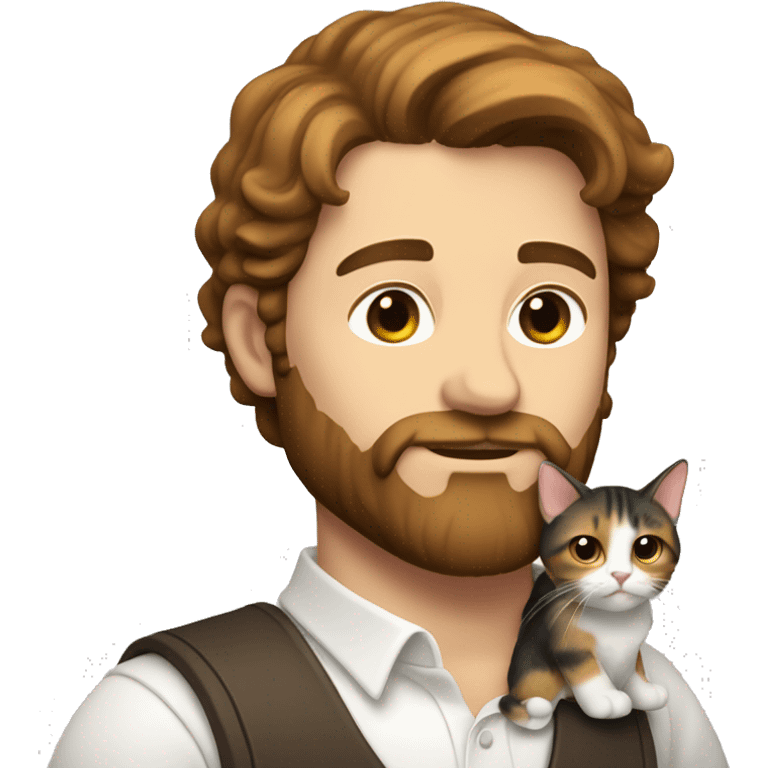 A whit man with brown hair and beard holding calico cat emoji