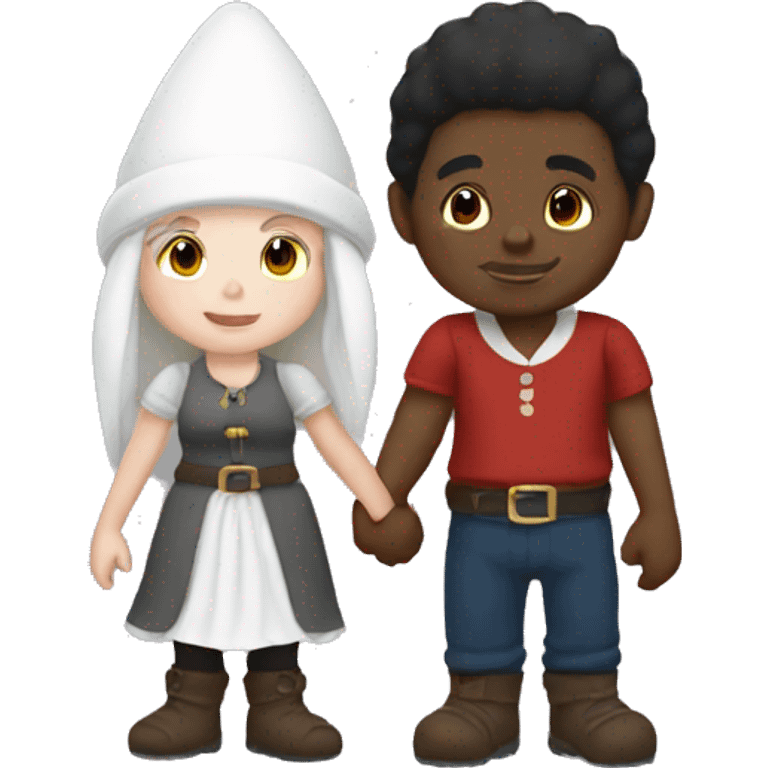 A black male gnome holding hands with a white female gnome emoji