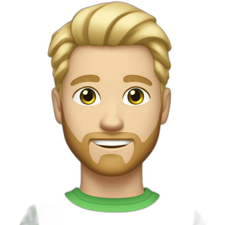 The young man is blond with slicked back hair and beard, green eyes, dressed in natural colors, light skin tone emoji