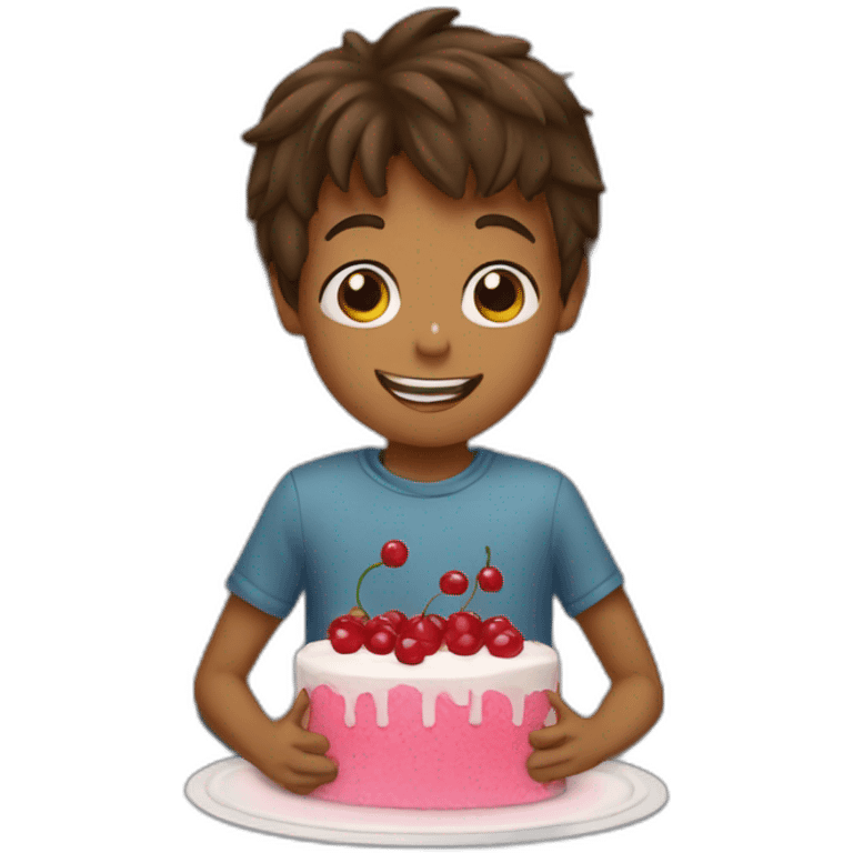 Boy playing a U shaped cherrie topped cake in bed emoji