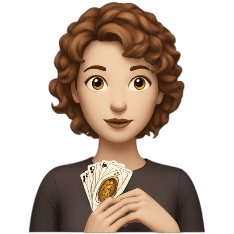 White Woman, brown eyes, with short brown messy hair with tarot card in her hands emoji