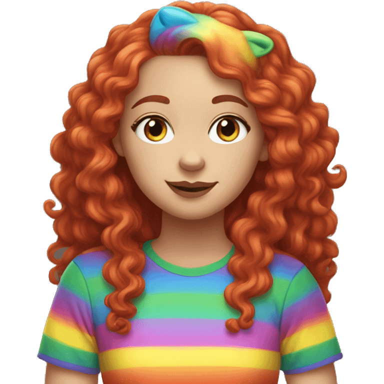 white girl with long red curly hair, wearing a rainbow cat shirt doing a pose emoji