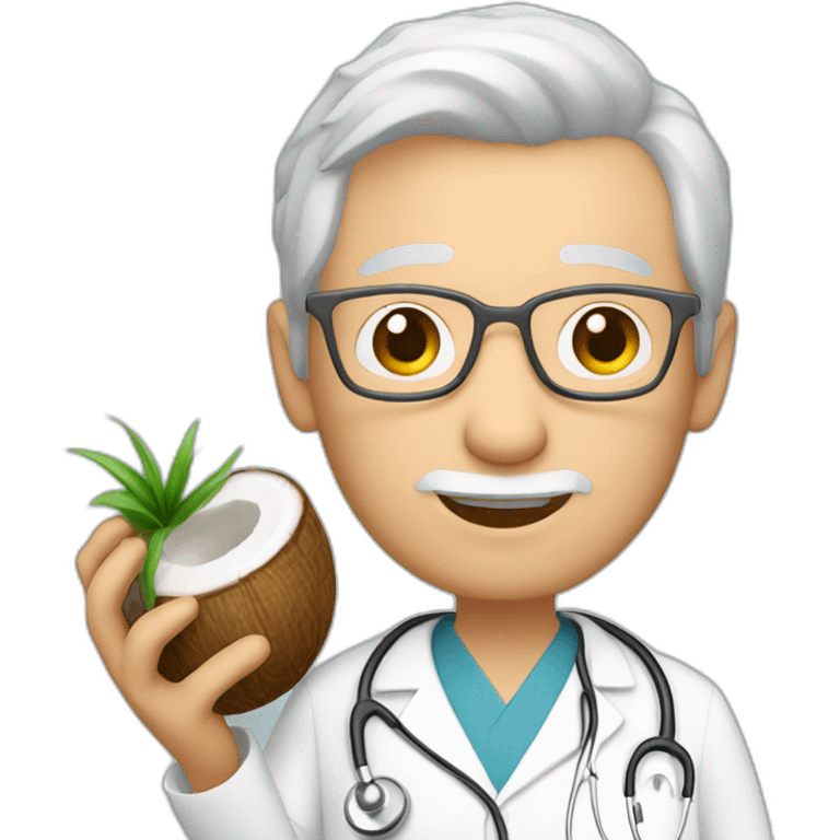 a middgle aged doctor,white and grey short hair, holding a coconut on his hand emoji