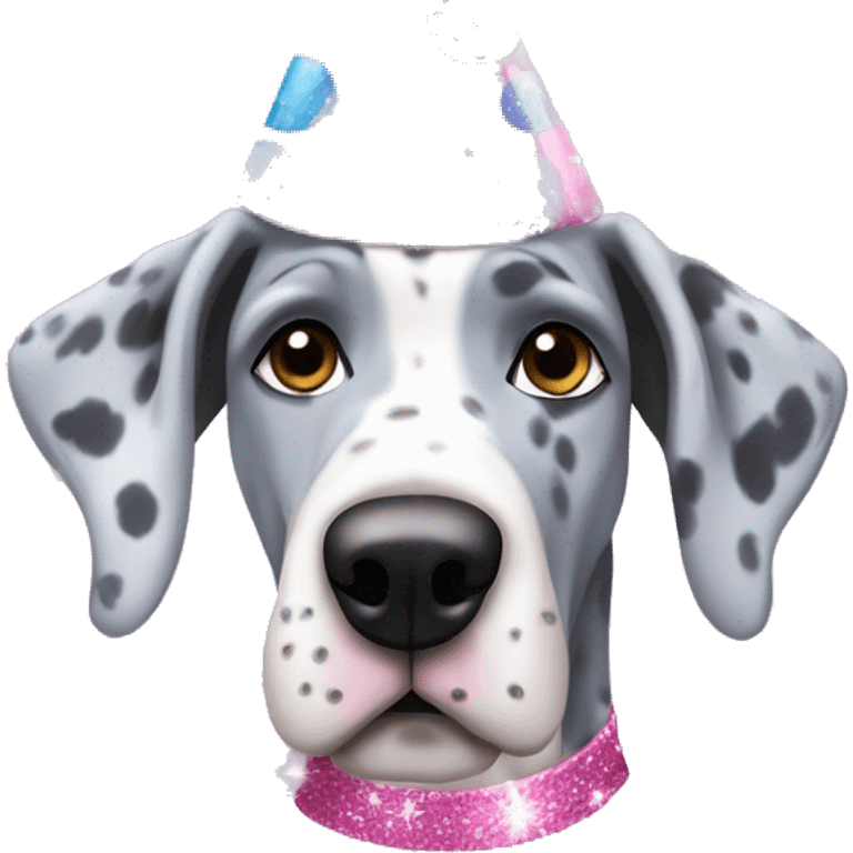 Blue Merle Great Dane wearing pink party hat with sparkles emoji