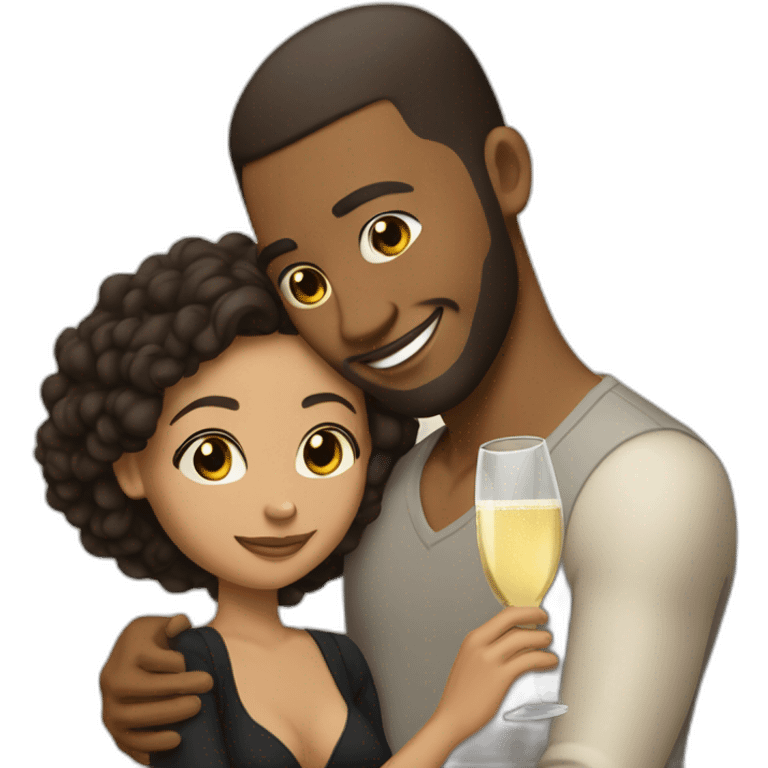 Tall lightskin man with champagne, hugging short lightskin woman emoji