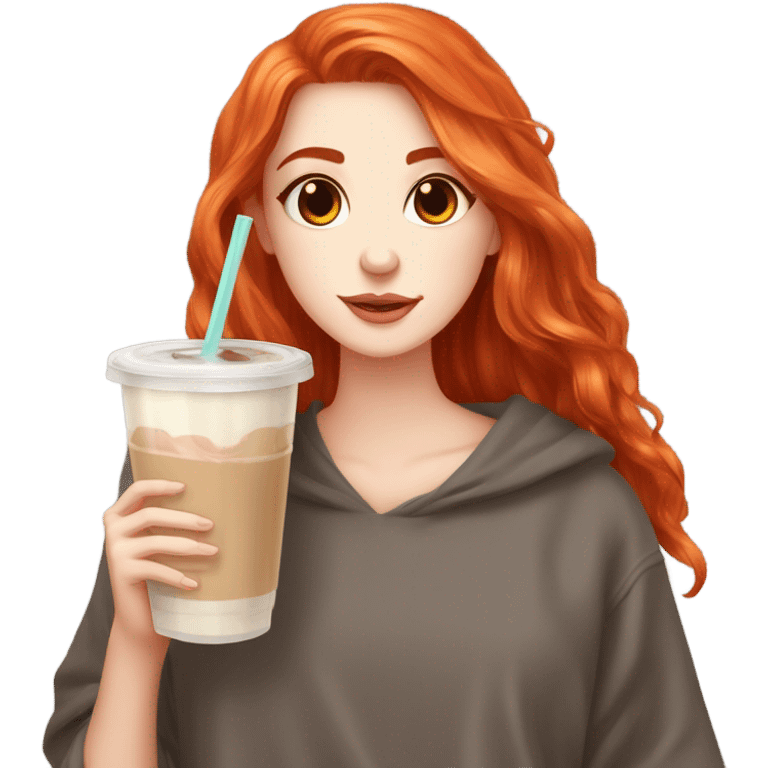 Beautiful fair skin long orange red hair girl brown eyes fair skin girly beautiful drinking straw iced ice coffee clean white beautiful emoji