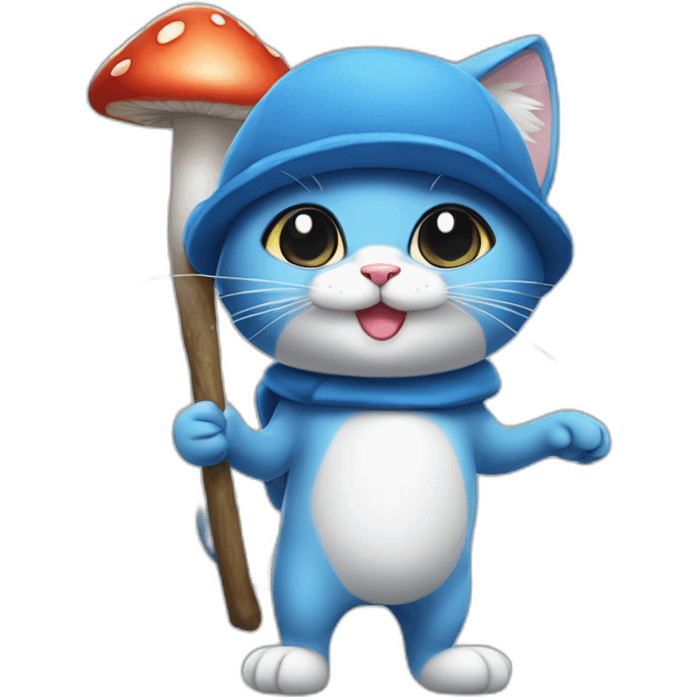  Cute Blue Cat NO ears wearing a mushroom cap carrying a stick in one arm standing on two legs no fur emoji