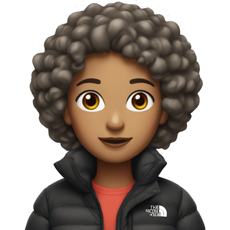 a girl with curly hair in a north face puffer w emoji