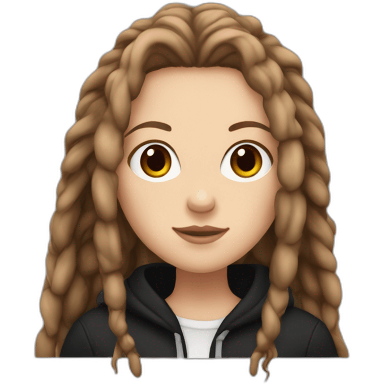 white girl with thick long big brown dreadlocks, brown eyes, and a black hoodie emoji