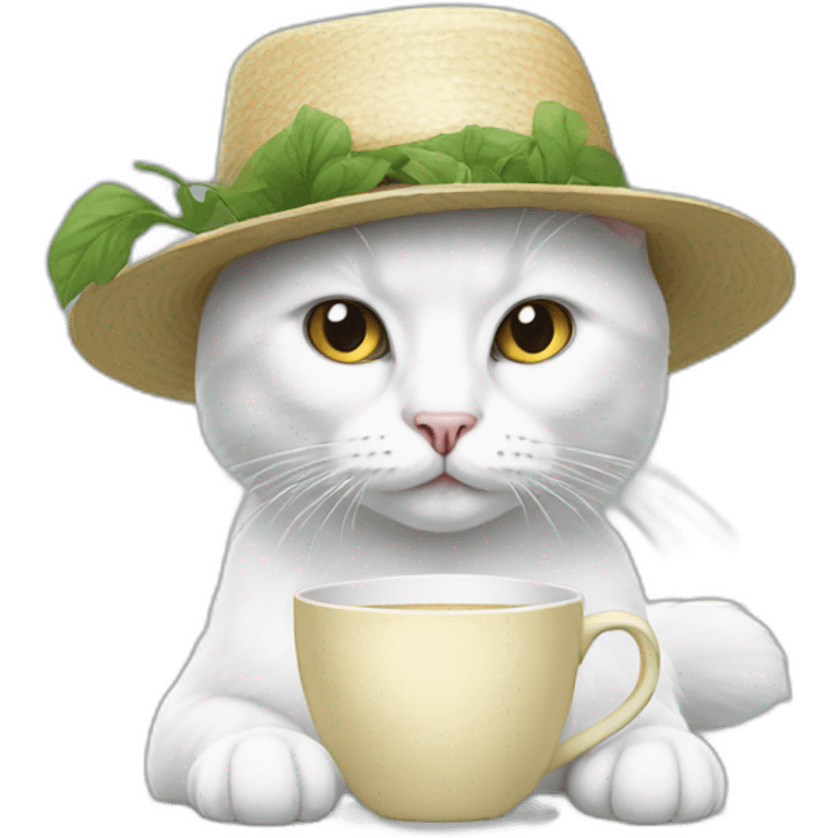 realistic White cat with cup hat emoji