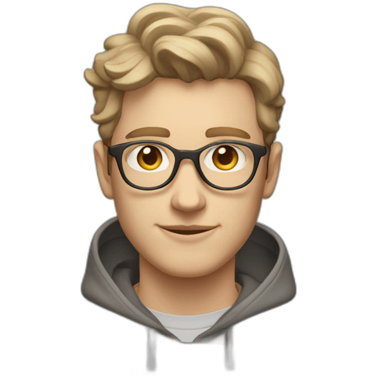 young white guy with short wavy hair and a fade in light brown color and rounded silver glasses with a grey hoodie on emoji