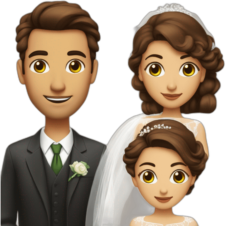 Mariage avec une femme avec ,les yeux verts,cheveux long chatin foncé long et lisse et un homme yeux marron ,cheveux boucle, long ,chatin foncé emoji