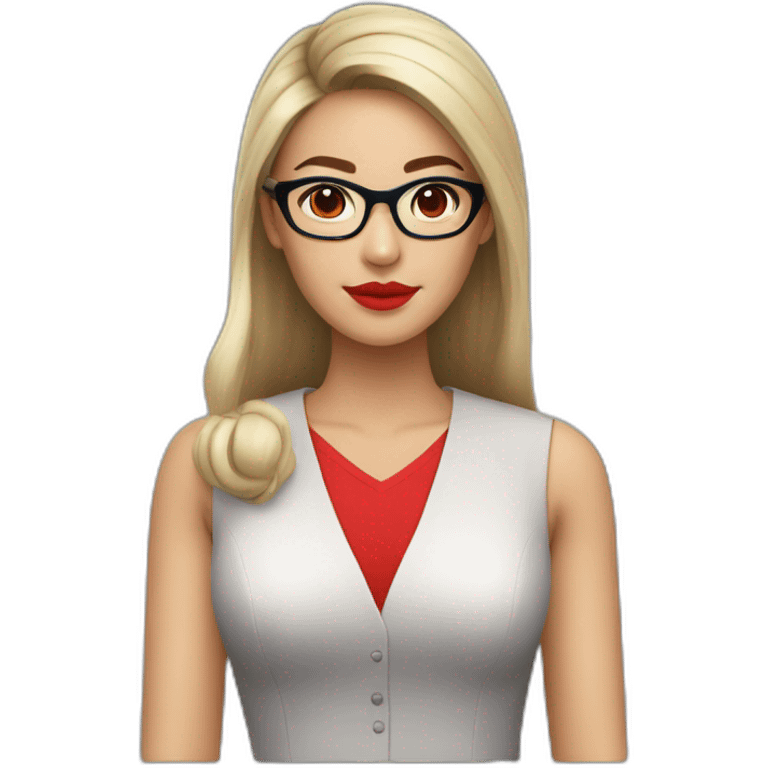 Young woman asiatic teacher, red glasses, red lipstick, red dress, black eyes, black square hairs  emoji