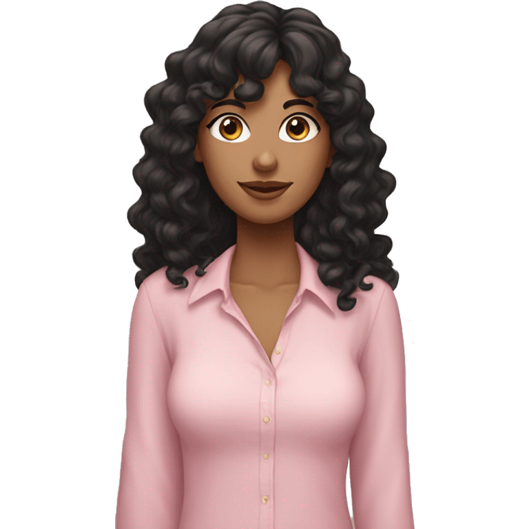 woman with long black curly hair and bangs and dark brown eyes, wearing a pastel pink blouse emoji