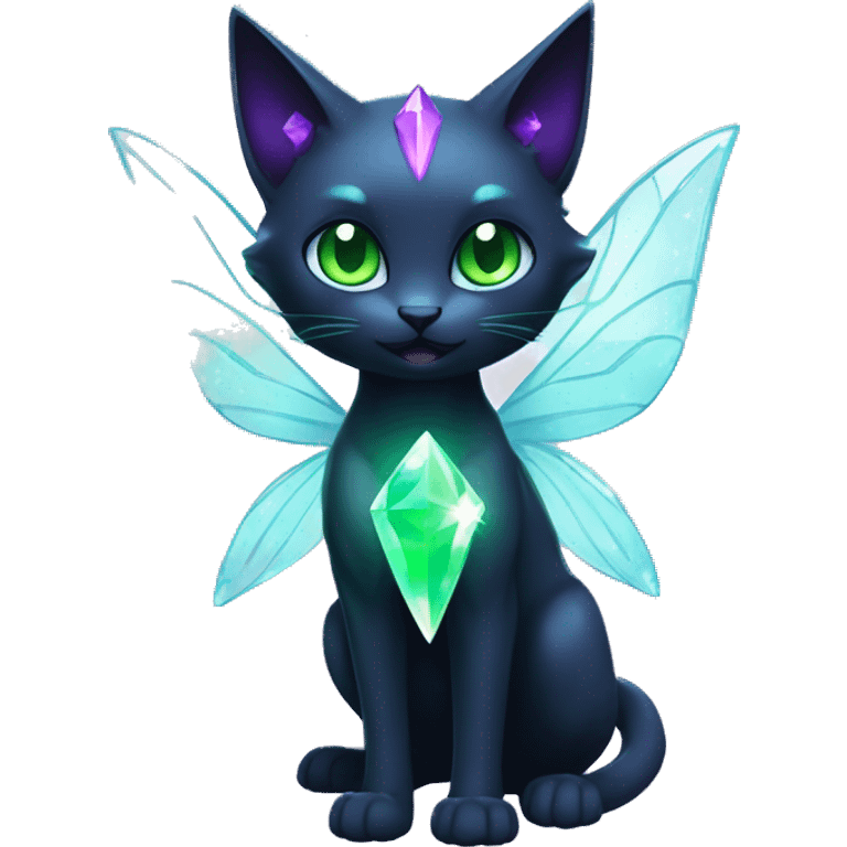 Shiny, Sparkly, Black Dark-type-Fairy-Type-Psychic-Ice-type-Fakémon-Cat Purple eyes, green gem, full body emoji