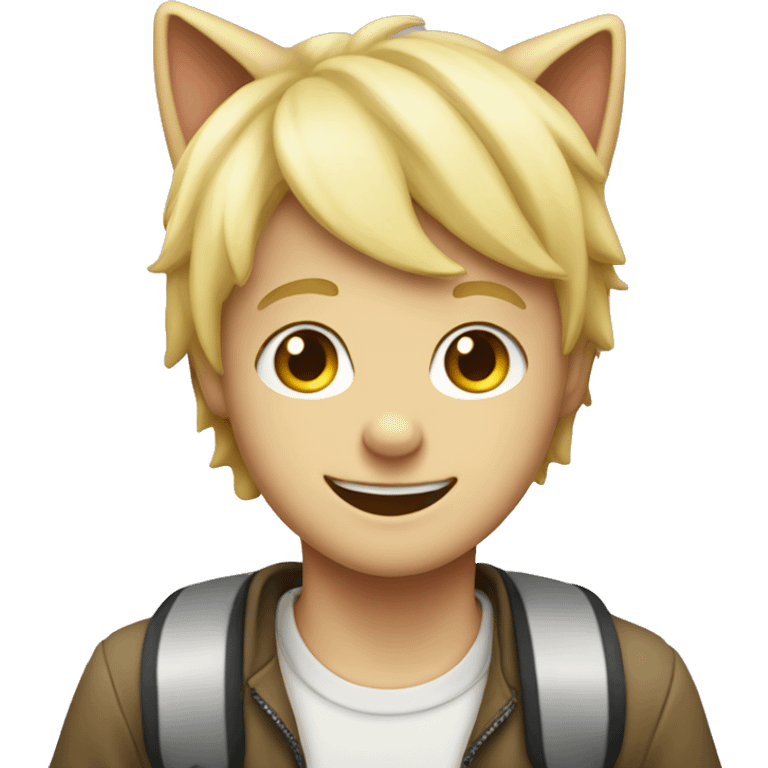 smiling blonde boy indoors wearing a cat hat emoji