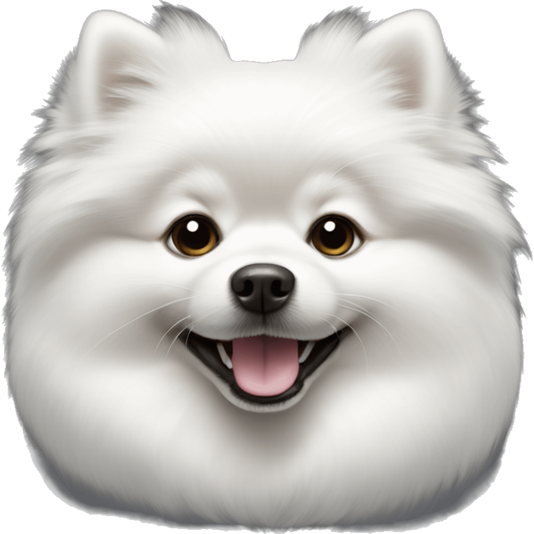 Most pure White pomeranian with dark black eye, smile emoji