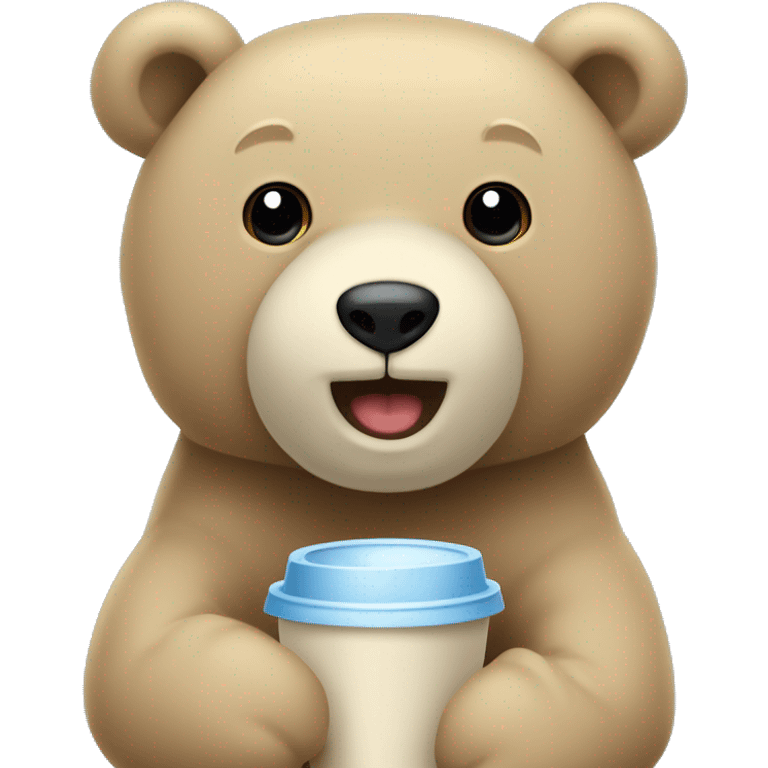 Un Oso de peluche beige, con nariz café, cuerpo flacucho y pañal azul claro, con un volado azul claro y amarillo claro  emoji