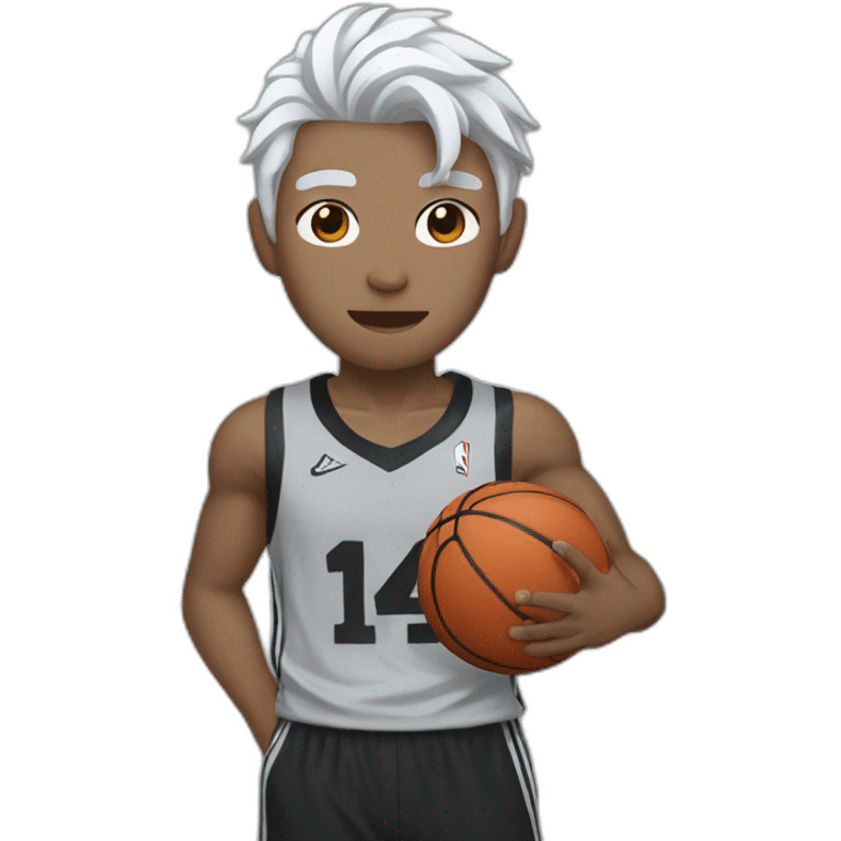 Chinese idol wearing white straps, gray pants and black shirt with white hair, holding a basketball in his right hand emoji