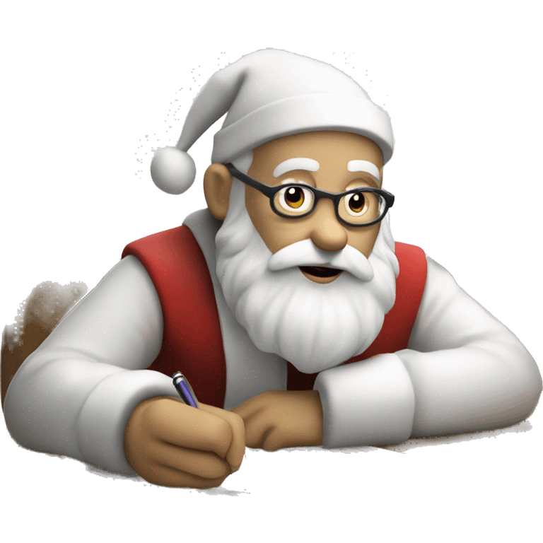 White Santa Claus is sitting on a desk, writing something down on a sheet of paper, solving complicated math puzzles  emoji