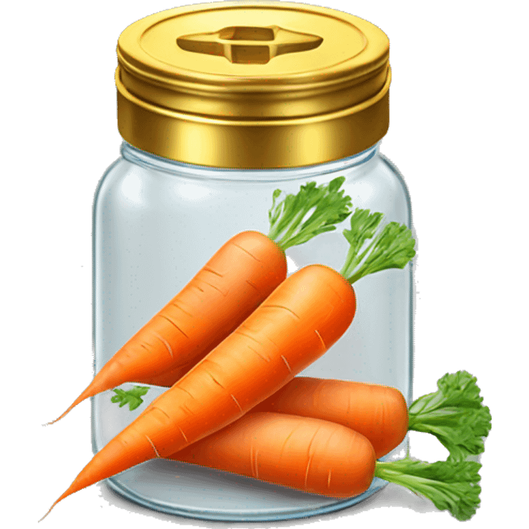 Realistic sliced carrots in a glass jar with a gold screw on lid on the top. emoji