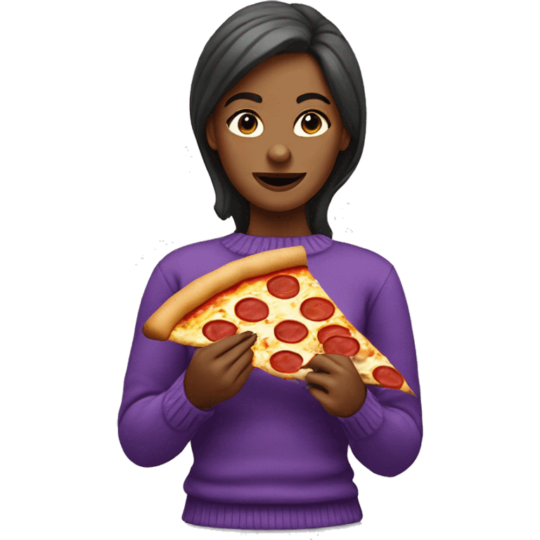 Woman eating a slice of pizza wearing a purple sweater emoji