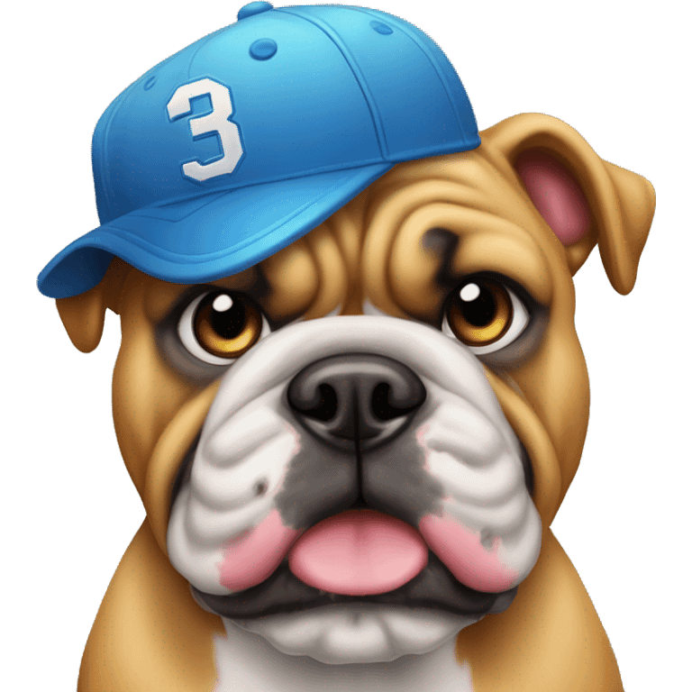 Un perro de la raza bulldog con una gorra de beisbol emoji