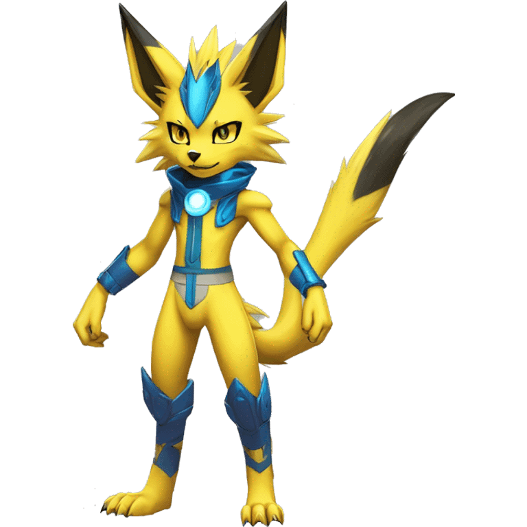 Yellow Anthro Edgy Cool Sonic-Zeraora-Anubis-Renamon-Jolteon-Pokémon-Fakémon with shiny blue markings Full Body Detailed High Quality  emoji