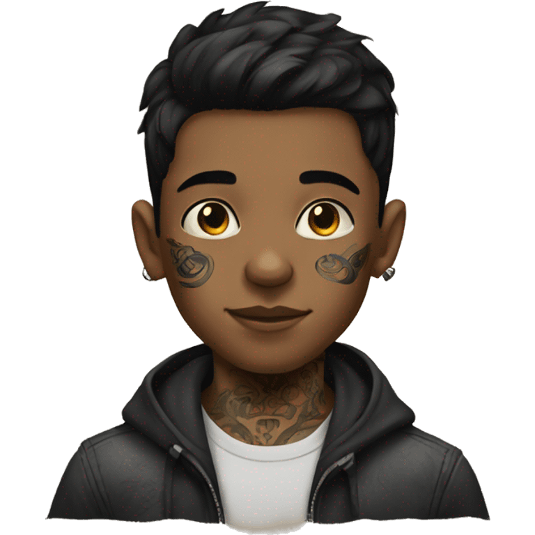 portrait of a black-haired boy with tattoos emoji