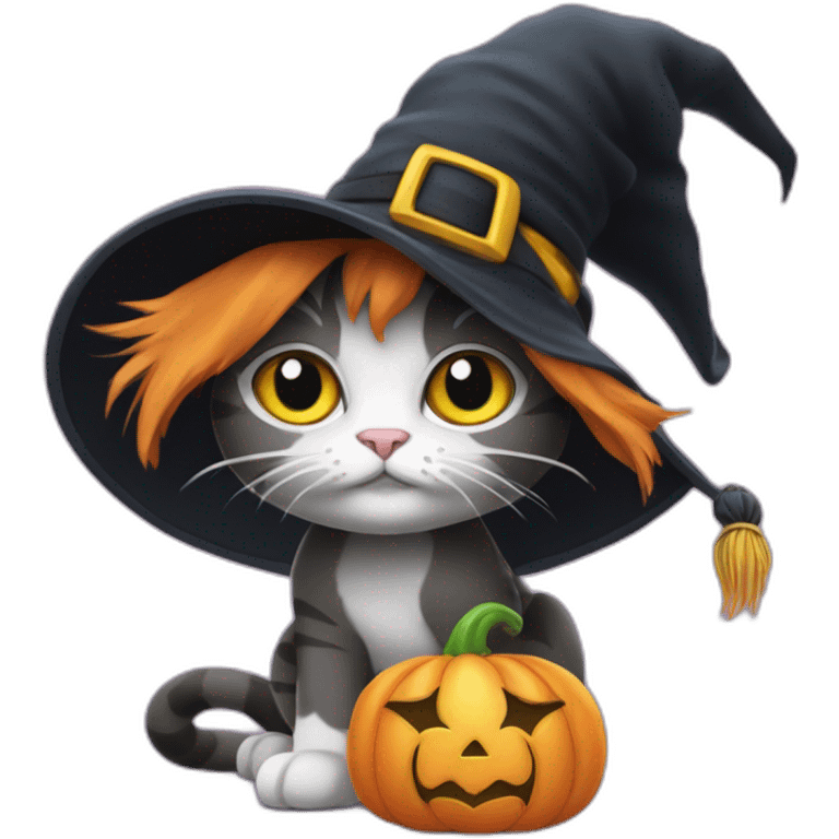 cat wearing a witches hat with abby from sesame street's wand emoji