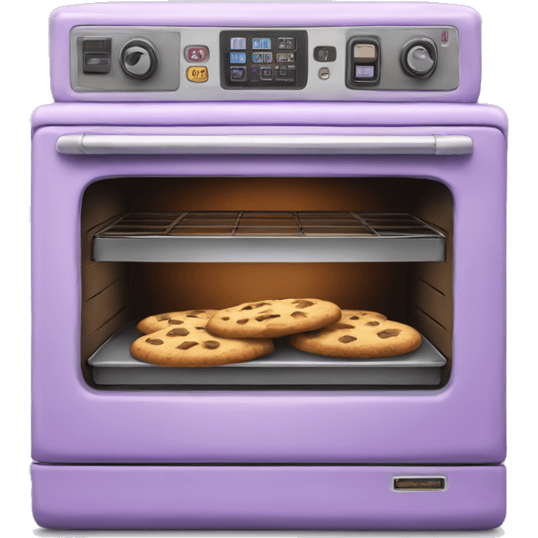 Realistic vintage  light purple oven with cookies baking inside of it. emoji